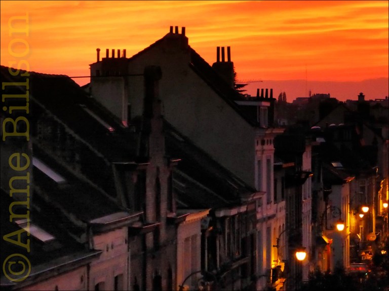 Daken en zonsondergang: Ducpétiauxlaan, Sint-Gillis.